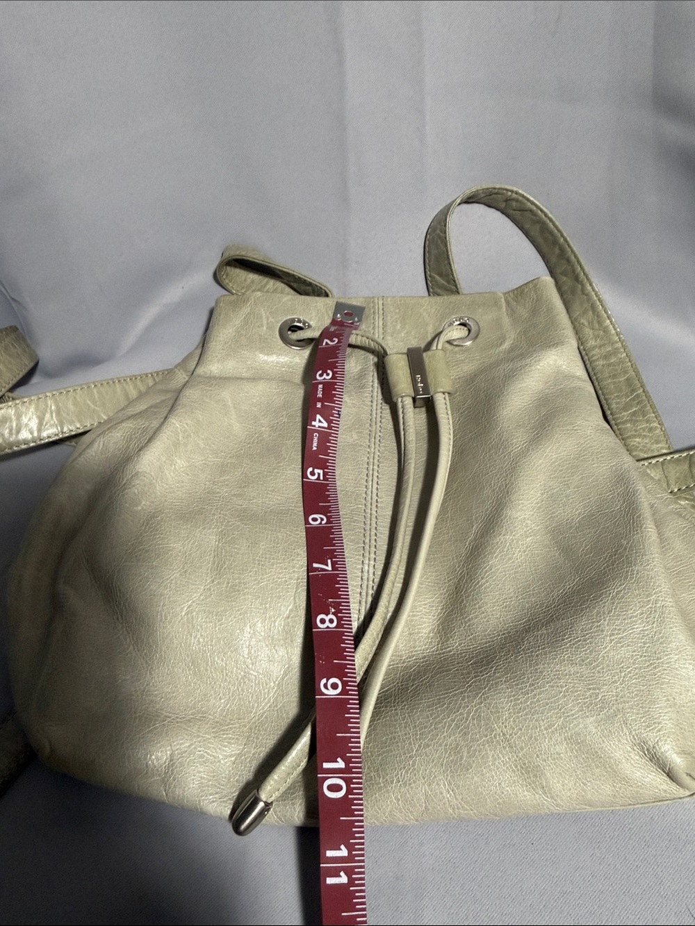 HOBO Leather Drawstring Backpack in Light Gray - Picture 4 of 6